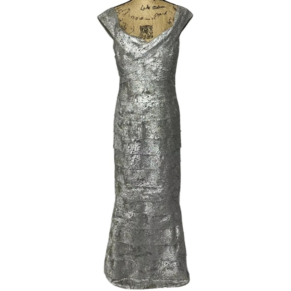 Rene Ruiz Silver Metallic Embellished Distressed Tiered Gown